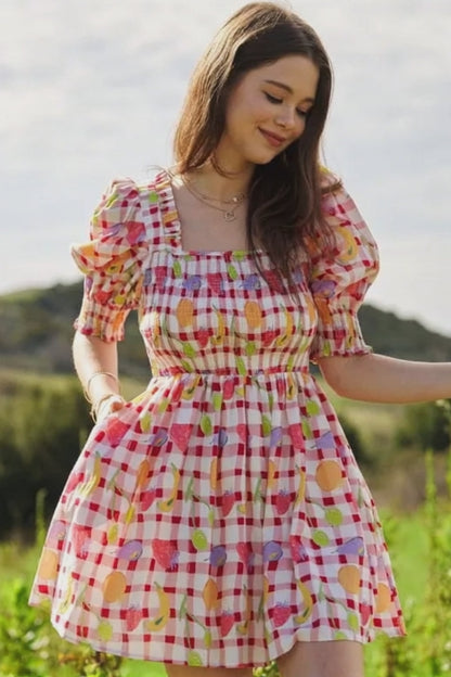 Fruits Printed Smocking Mini Dress