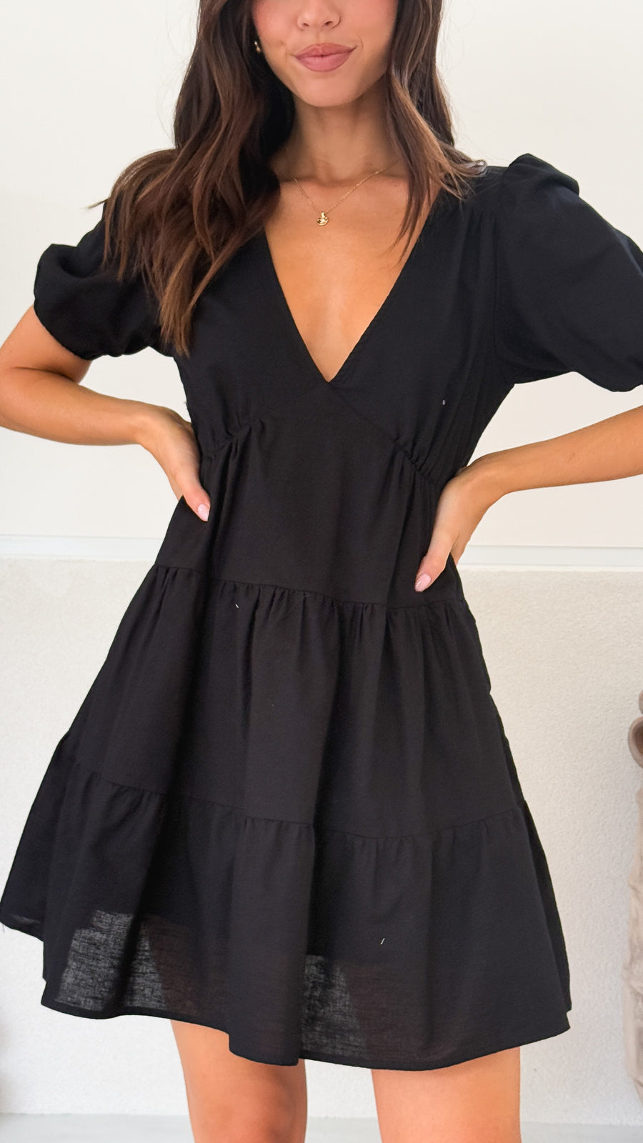 Black Linen Tiered , puff sleeves V-neck mini dress