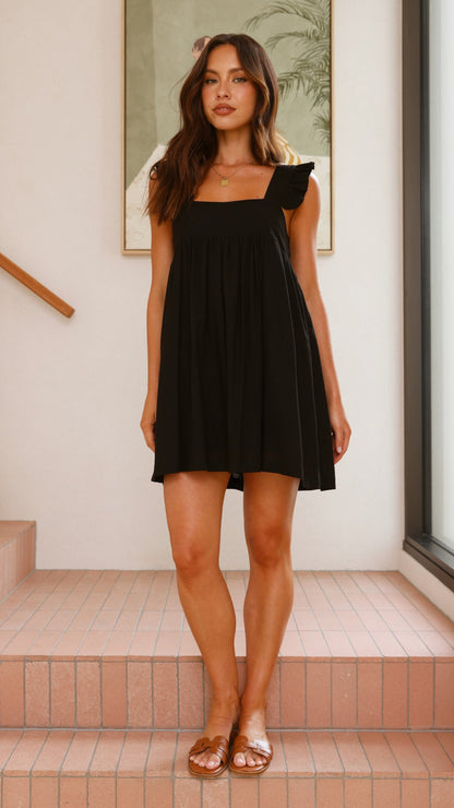 Black Cotton Ruffle Strap Mini Dress – Square Neck & Flowy Babydoll Fit