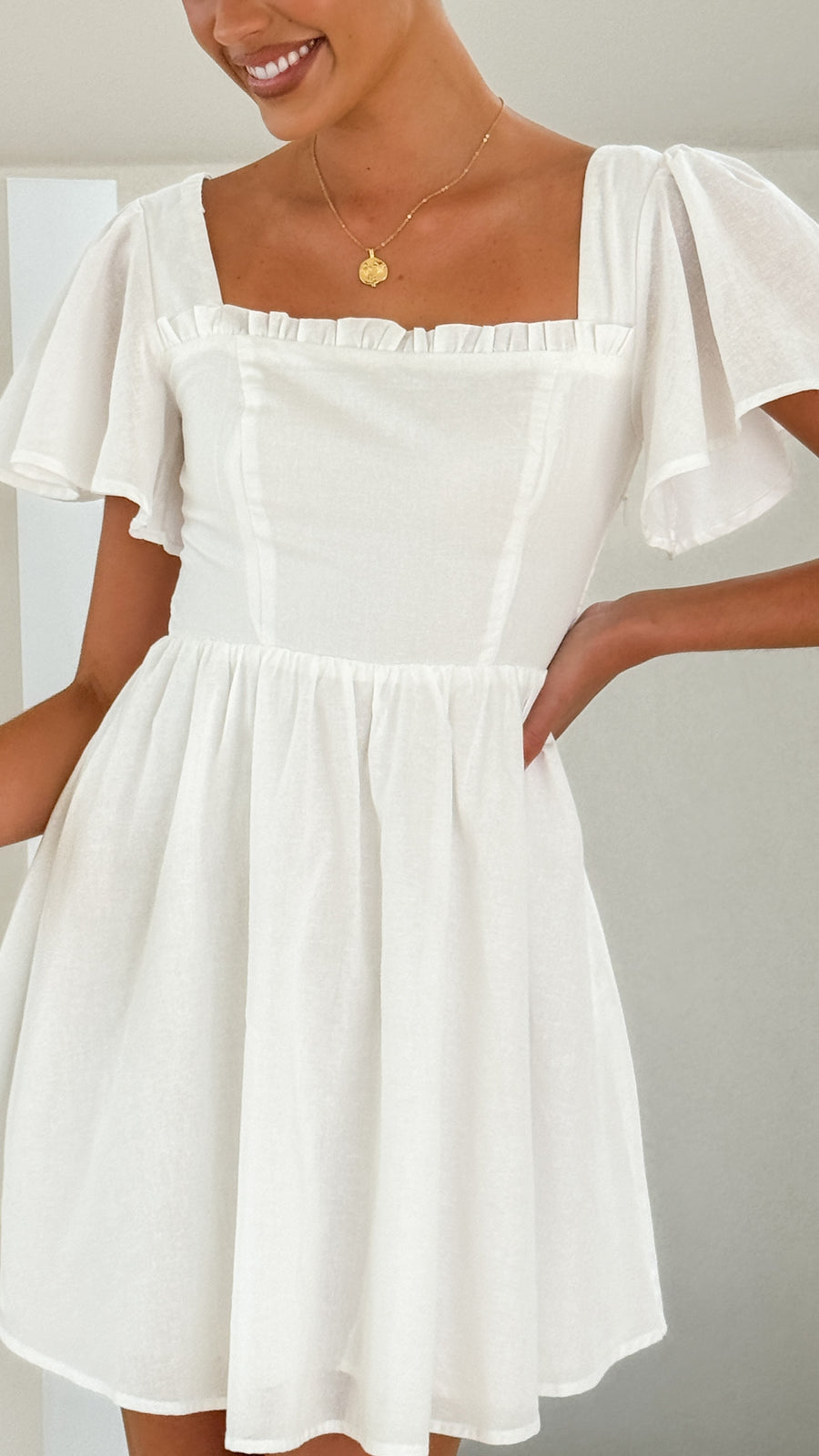 White Linen Mini Dress – Flutter Sleeve A-Line Fit for Summer Days